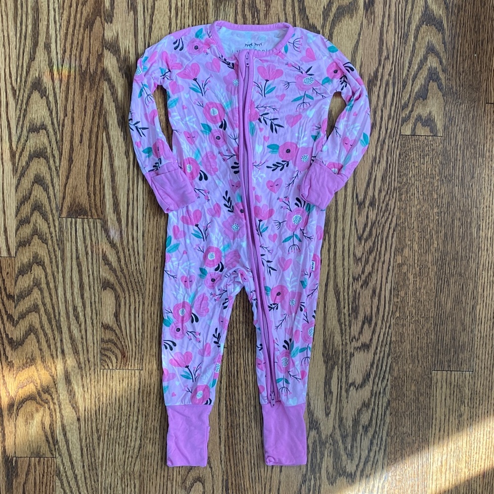 Little Sleepies Pink Sweetheart Floral one piece zip up pjs, size 3-6M.